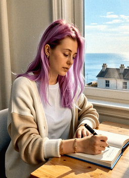 Emma-Jane MacKinnon-Lee writing in afternoon journals on a sunlit desk
